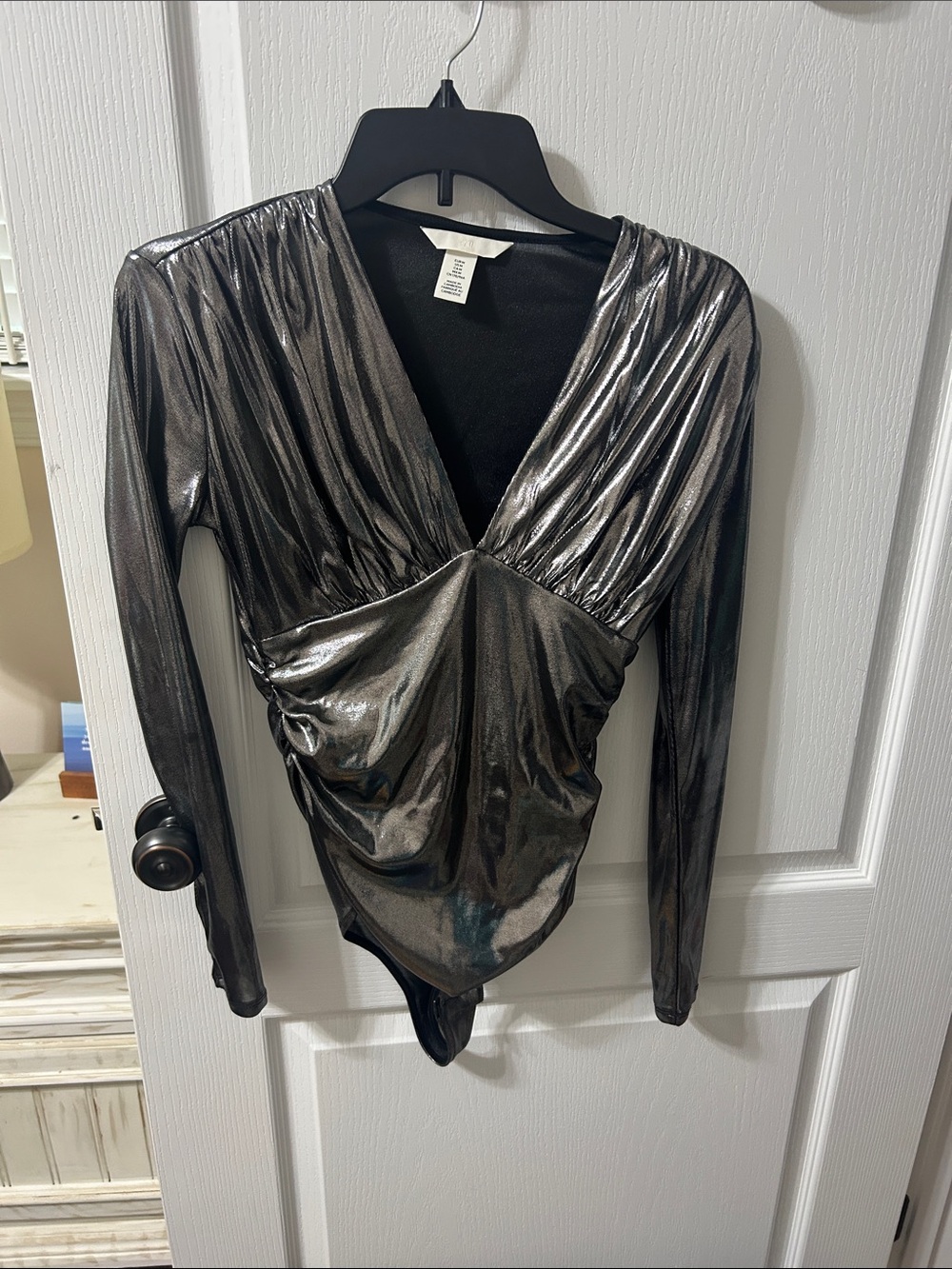 H&M Metallic Silver Long-Sleeve V-Neck Bodysuit